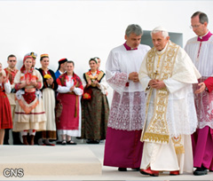 Pope Benedict XVI walks near young people in traditional clothing during a prayer vigil with some 50,000 people in Ban Josip Jelacic Square in Zagreb, Croatia, June 4. 