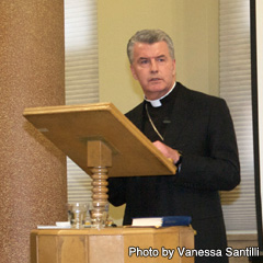 Toronto Auxiliary Bishop William McGrattan speaking at the annual Cardinal Ambrozic lecture. (Photo by Vanessa Santilli)