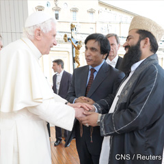 Paul Bhatti, centre, meeting Pope Benedict XVI April 6. Bhatti's brother, Shahbaz, was a former Pakistani minister for minorities who was murdered by Islamic extremists last month. (CNS photo/L'Osservatore Romano via Reuters) 