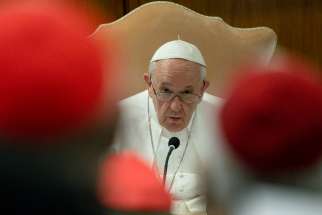 Pope Francis meets with cardinals at the Vatican Aug. 29, 2022. The meeting was to reflect on the apostolic constitution &quot;Praedicate evangelium&quot; (Preach the Gospel) on the reform of the Roman Curia.