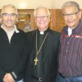 Outgoing Winnipeg Archbishop James Weisgerber, centre, with Phil Fontaine, left, former National Chief of the Assembly of First Nations, and Anishinaabe elder Tobasonakwut Kinew. Weisgerber believes the biggest issue for Canadians is our relationship with First Nations.