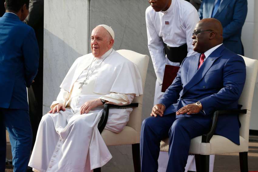 Pope Francis and Congolese President Felix Tshisekedi attend a welcome ceremony at the Palais de la Nation in Kinshasa, Congo, Jan. 31, 2023.