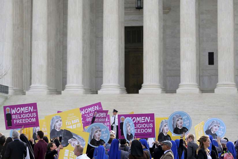 Women religious and others demonstrate against the Affordable Care Act&#039;s contraceptive mandate March 23 near the steps of the U.S. Supreme Court in Washington. The court heard oral arguments inthe Zubik v. Burwell mandate case.