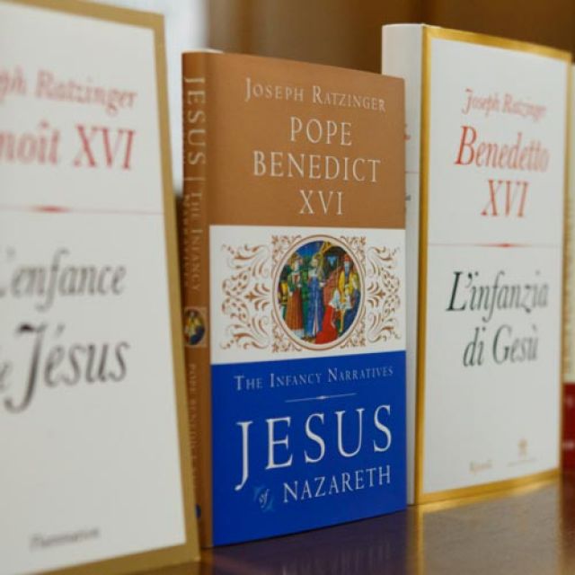 The English version of Pope Benedict XVI&#039;s new book, &quot;The Infancy of Jesus,&quot; is seen among copies in other languages during a press conference for the release of the book to journalists at the Vatican Nov. 20. The book is the third and concluding volume of his work, &quot;Jesus of Nazareth.&quot; It will be released to the public Nov. 21 in 20 languages.