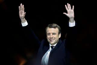French President-elect Emmanuel Macron celebrates at his victory rally near the Louvre in Paris May 7. 