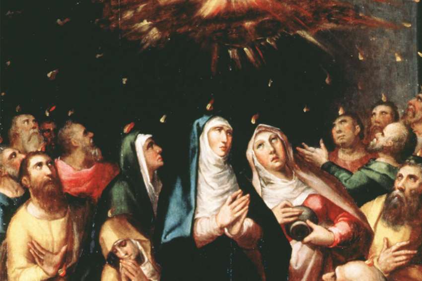 Tongues of fire rest on Mary and disciples of Jesus in this 15th-century depiction of the Pentecost by Jose Pessoa.