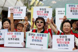 South Korean activists protest in Seoul against North Korea&#039;s fifth nuclear test Sept 12, 2016. South Korean Catholics are opposing their country’s reliance on nuclear power and U.S. THAAD missile defence system.