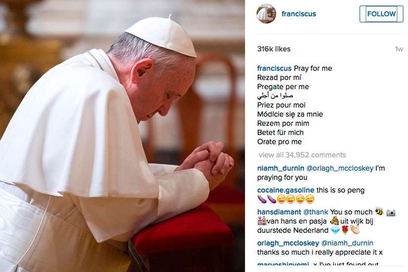 Pope Francis joined the photo-sharing site Instagram March 19 using the account &quot;Franciscus.&quot; As of April 1 the Pope had more than 2 million followers. This is a screen capture of a post on his page. 