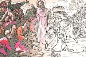 Giovanni Lanfranco’s painting of Jesus feeding Multitude as rendered by Marc Ouellette in the new colouring book The Life of Jesus.