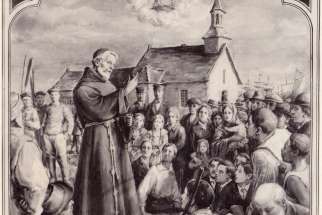 Blessed Frederic Janssoone is depicted addressing a crowd outside Our Lady of the Cape Shrine in Trois-Rivieres, Quebec, in undated artwork by J. Lacoste.