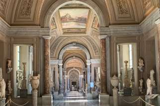 The entrance to the Chiaramonti gallery in the Vatican Museums is seen in this 2020 file photo. The Vatican said a tourist toppled and damaged two ancient Roman statues in the gallery Oct. 5, 2022.