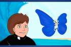 The Marian Consecration for Little Souls retreat uses two cartoon characters: Fr. G, a surfing priest who “surfs for souls,” and BB, a blue butterfly.
