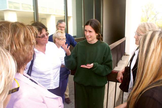 Mary Wagner, right, speaks with supporters outside a Toronto courtroom June 12 after being released from custody for her pro-life activism.