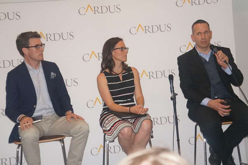 Former Ambassador of Religious Freedom, now director of Cardus Law, Andrew Bennett, left, with director of Cardus Family Andrea Mrozek and director of Cardus Social Cities’ program Milton Friesen participated in a panel June 1 on what makes a good city.