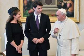 Pope Francis meets Canada&#039;s Prime Minister Justin Trudeau and his wife Sophie Gregoire Trudeau during a private audience at the Vatican May 29. Trudeau invited the Pope to make an official apology on Canadian soil for the Catholic Church&#039;s involvement in residential schools. 