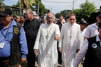 Cardinal Leopoldo Brenes Solorzano and Archbishop Waldemar Sommertag, apostolic nuncio to Nicaragua, are seen in Masaya, Nicaragua, June 21, 2018, as clashes between anti-government protesters and police continued. The Nicaraguan bishops&#039; conference announced March 4 it has not received invitations to play a role in a recently convened national dialogue to pull the nation out of political crisis. 