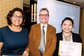 Lucy Barco, Michael Swan and Jean Ko Din are all smiles as they bask in the glory of winning multiple awards at the Canadian Church Press awards ceremony in Toronto April 29. The Catholic Register staffers led the way as The Register took home 14 honours, including eight first-place awards.