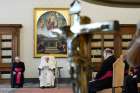 Pope Francis leads his general audience in the library of the Apostolic Palace at the Vatican May 13, 2020. The pope greeted Portuguese speakers during the live-streamed audience as he commemorated the 103rd anniversary of the first Marian apparition in Fatima, Portugal.