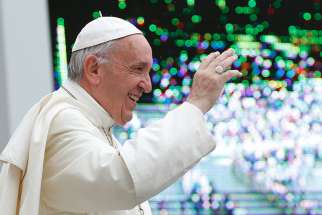  Pope Francis greets the crowd during his general audience in St. Peter&#039;s Square at the Vatican June 28.