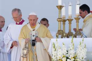 Pope Francis uses incense as he celebrates the closing Mass of the International Eucharistic Congress at Heroes&#039; Square in Budapest, Hungary, Sept. 12, 2021.