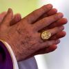 The fisherman&#039;s ring -- the pope&#039;s signet -- is seen on the right hand of Pope Benedict XVI as he celebrates Mass in Havana, Cuba, March 28, 2012. When a pope dies or resigns the ring is destroyed in a special ceremony, usually carried out in private.