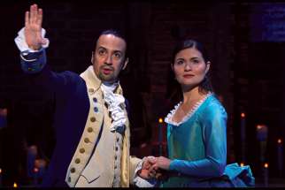 Lin-Manuel Miranda and Phillipa Soo portray Alexander and Eliza in the production of Hamilton airing on Disney+.