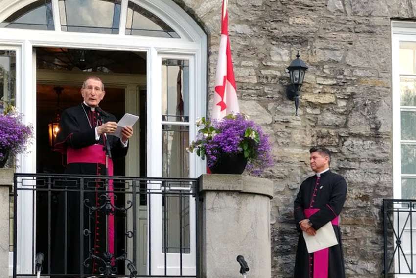 Archbishop Luigi Bonazzi, Apostolic Nuncio to Canada, greets a reception of diplomats, church officials and friends on June 27 to honor the 6th anniversary of Pope Francis&#039; election to the papacy