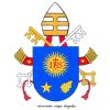 The coat of arms of Pope Francis borrows much from his former episcopal emblem. On the blue shield is the symbol of the Society of Jesus. Below it is a five-pointed star and the buds of a spikenard flower, which represent respectively Mary and St. Joseph . The papal motto is the Latin phrase &quot;Miserando atque eligendo,&quot; which means &quot;because he saw him through the eyes of mercy and chose him&quot; or more simply, &quot;having mercy, he called him.&quot; The phrase comes from a homily by St. Bede.