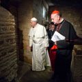 Pope Francis visits the excavated necropolis below St. Peter&#039;s Basilica at the Vatican April 1. The necropolis is where St. Peter&#039;s tomb has been venerated since early Christian times and where the first church dedicated to him was built. The tomb is two levels below the main altar of the modern basilica.