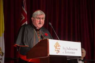 Cardinal Thomas Collins speaks at a past Cardinal’s Dinner against the “shadow of euthanasia.” The religious voice on such matters needs to be heard in the public square, Canada’s bishops say in a new pastoral letter.