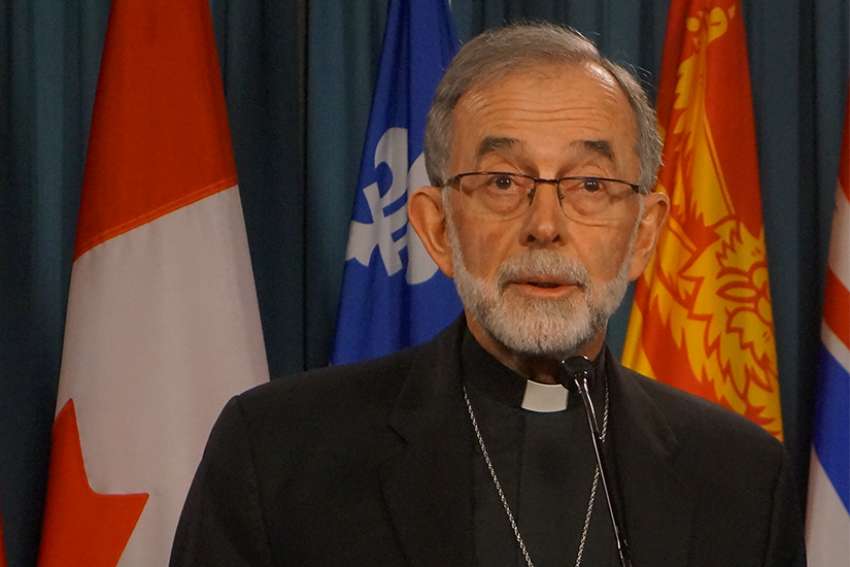 CCCB president Bishop Lionel Gendron of Saint-Jean-Longueuil at a news conference on Parliament Hill April 18.