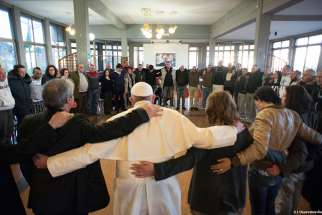 Pope Francis visits the San Carlo Community, a Catholic-run drug rehabilitation center on the outskirts of Rome near Castel Gandolfo, Italy, Feb. 26. The pope encouraged the 55 patients to trust God&#039;s mercy to keep them strong.