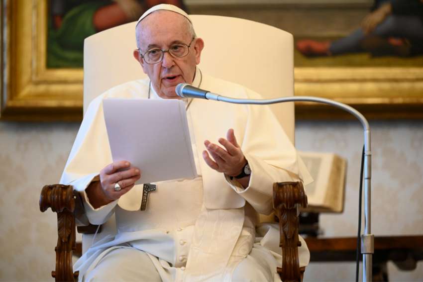 Pope Francis speaks during his weekly general audience in the library of the Apostolic Palace at the Vatican June 24, 2020. During the audience, the pope said people can put themselves back in God&#039;s hands through prayer.