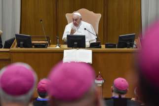 Pope Francis speaks to Italian bishops in the Vatican synod hall during the general assembly of the Italian bishops&#039; conference May 20, 2024.