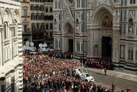Pope Francis leaves the Duomo, the Cathedral of St. Maria del Fiore, in Florence, Italy, Nov. 10. Pope Francis attended a meeting of Italy&#039;s bishops and cardinals in the Duomo during a one-day visit to Florence Nov. 10. The pope also met young people and was to celebrate Mass at a soccer stadium. 