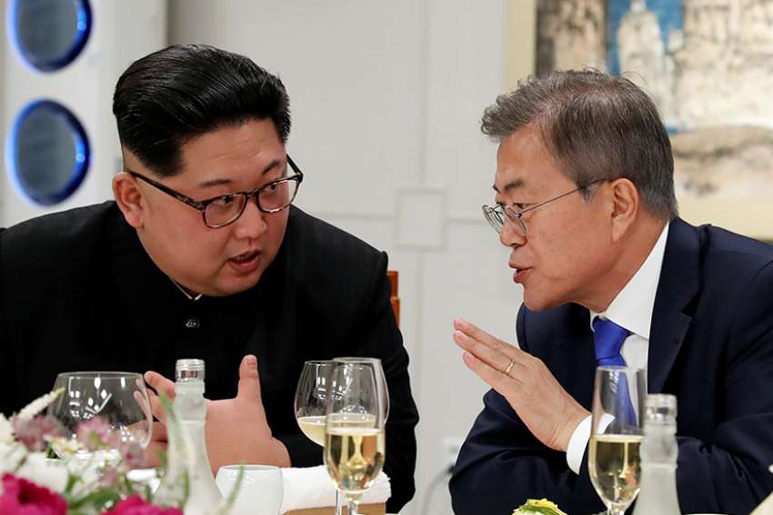 South Korean President Moon Jae-in and North Korean leader Kim Jong Un attend a banquet inside the demilitarized zone separating the two Koreas April 27.