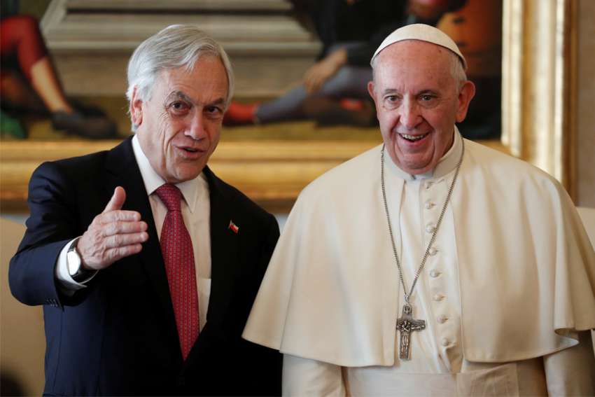 Pope Francis greets President Sebastian Pinera of Chile during a private audience at the Vatican Oct. 13, 2018. The apostolic nunciature in Chile announced that the Vatican has opened an investigation into allegations of sexual abuse against retired Archbishop Bernardino Pinera Carvallo of La Serena, who is the president&#039;s uncle.