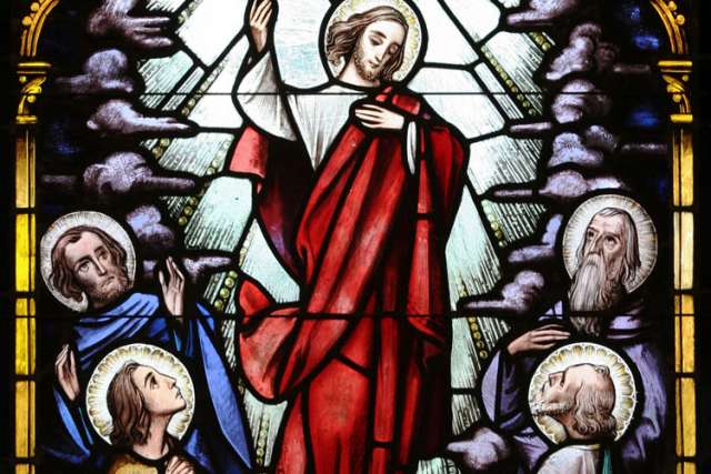 Christ&#039;s ascent to heaven is depicted in a stained-glass window at St. Therese of Lisieux Church in Montauk, N.Y.