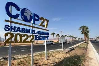 The COP27 sign is displayed along a road leading to the conference area in Egypt&#039;s Red Sea resort of Sharm el-Sheikh as the city prepares to host the COP27 summit Nov. 6-18.