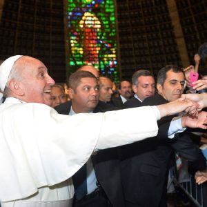 Pope Francis greets Argentine World Youth Day pilgrims at the Metropolitan Cathedral of San Sebastian in Rio de Janeiro July 25.