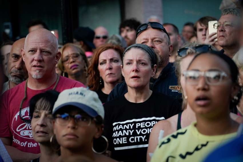 Mourners attend a vigil after a mass shooting in Dayton, Ohio, Aug. 4, 2019. Pope Francis joined other Catholic Church leaders expressing sorrow after back-to-back mass shootings in the United States left at least 31 dead and dozens injured in Texas and Ohio Aug. 3 and 4.