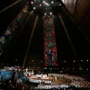 Pope Francis celebrates Mass with bishops, priests, religious and seminarians in the Cathedral of St. Sebastian in Rio de Janeiro July 27. The metropolitan cathedral rises up some 246 feet and the capacity to hold 20,000 people.