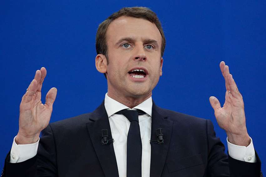 Emmanuel Macron, founder of En Marche!, a centre-left political movement, delivers a speech in Paris April 23 after the first round of the French presidential elections.