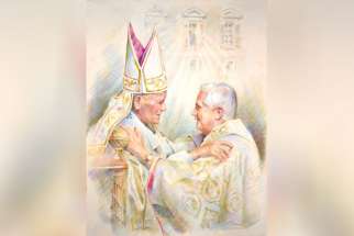 Artist Cyril Leeper captures the embrace of Pope John Paul II and Cardinal Joseph Ratzinger.
