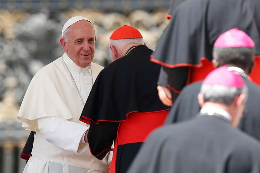Pope Francis greets then-Cardinal Theodore E. McCarrick during his general audience in St. Peter&#039;s Square at the Vatican June 19, 2013. 