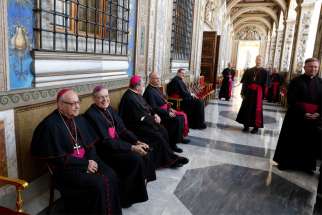 U.S. bishops wait to meet Pope Francis in the Apostolic Palace at the Vatican Feb. 13, 2020. Bishops from Florida, Georgia, North Carolina and South Carolina were making their &quot;ad limina&quot; visits to the Vatican to report on the status of their dioceses to the pope and Vatican officials.