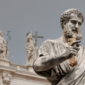 The statue of St. Peter is seen in front of St. Peter&#039;s Basilica at the Vatican.