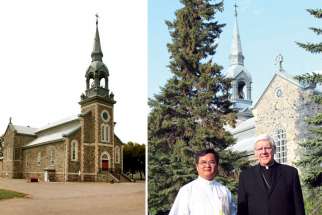 Sacred Heart Church in Qu&#039;Appelle Valley has a long history. Pastor Fr. Louis Kim Nguyen, left, wil be celebrating the 150th anniversary Mass of Sacred Heart Church in Lebret, Sask., with Regina Archbishop Daniel Bohan on June 7.