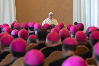 Pope Francis speaks during a meeting with recently appointed bishops from around the world at the Vatican Sept. 13. The pope spoke about updating the processes of selection, accompaniment and evaluation of bishops.