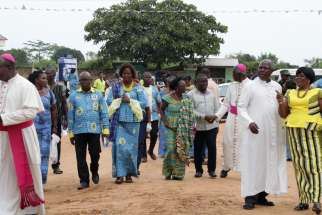 Hellen Abla Avevor, headmistress of St. Catherine Senior High School in the Diocese of Keta-Akatsi, Ghana, center left, walks with other dignitaries during the decade celebration of the school Oct.19, 2019. Avevor commended the Catholic Church for its contribution to girls&#039; education through the establishment of numerous girls&#039; institutions across the country and called on stakeholders to prioritize girls&#039; education in the country.